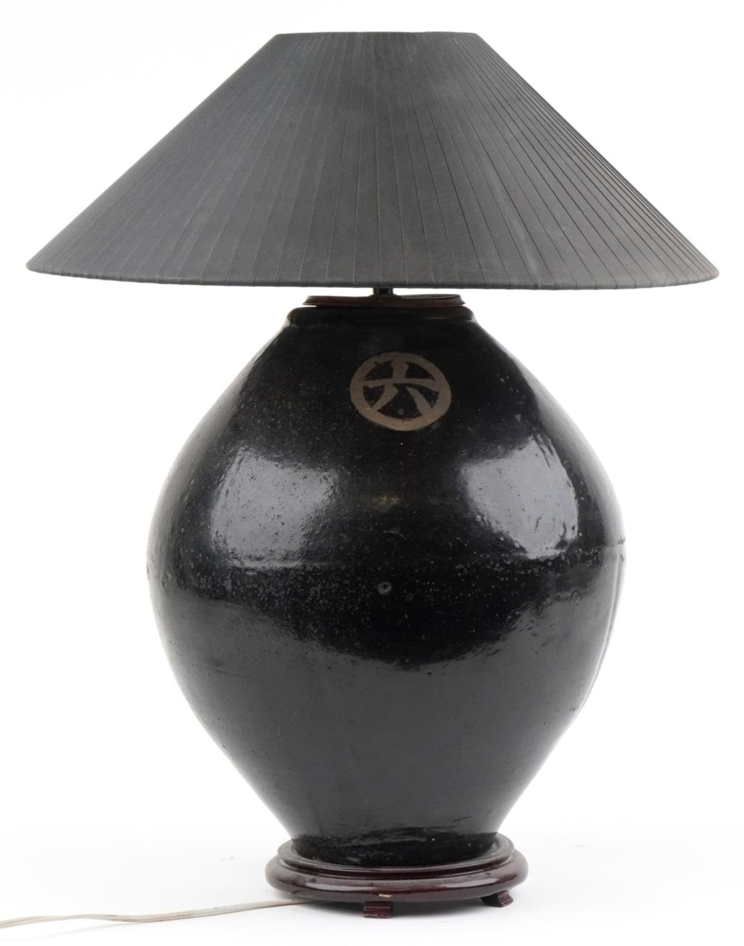 Large Chinese archaic style pottery jar adjustable table lamp with pleated shade, the jar incised
