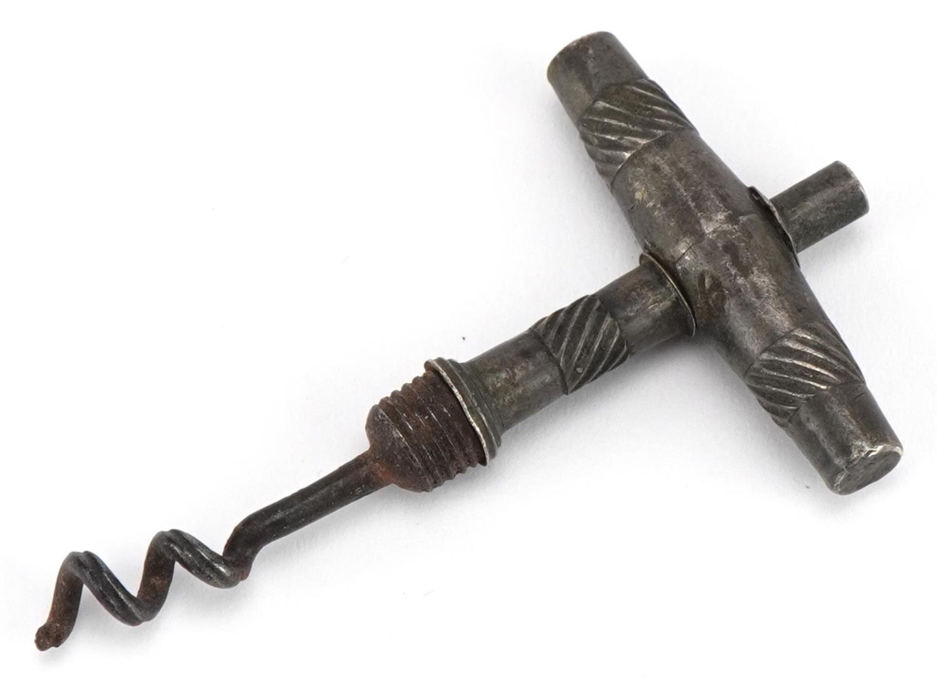 Georgian unmarked silver and steel corkscrew in the manner of Samuel Pemberton, 7cm high : For