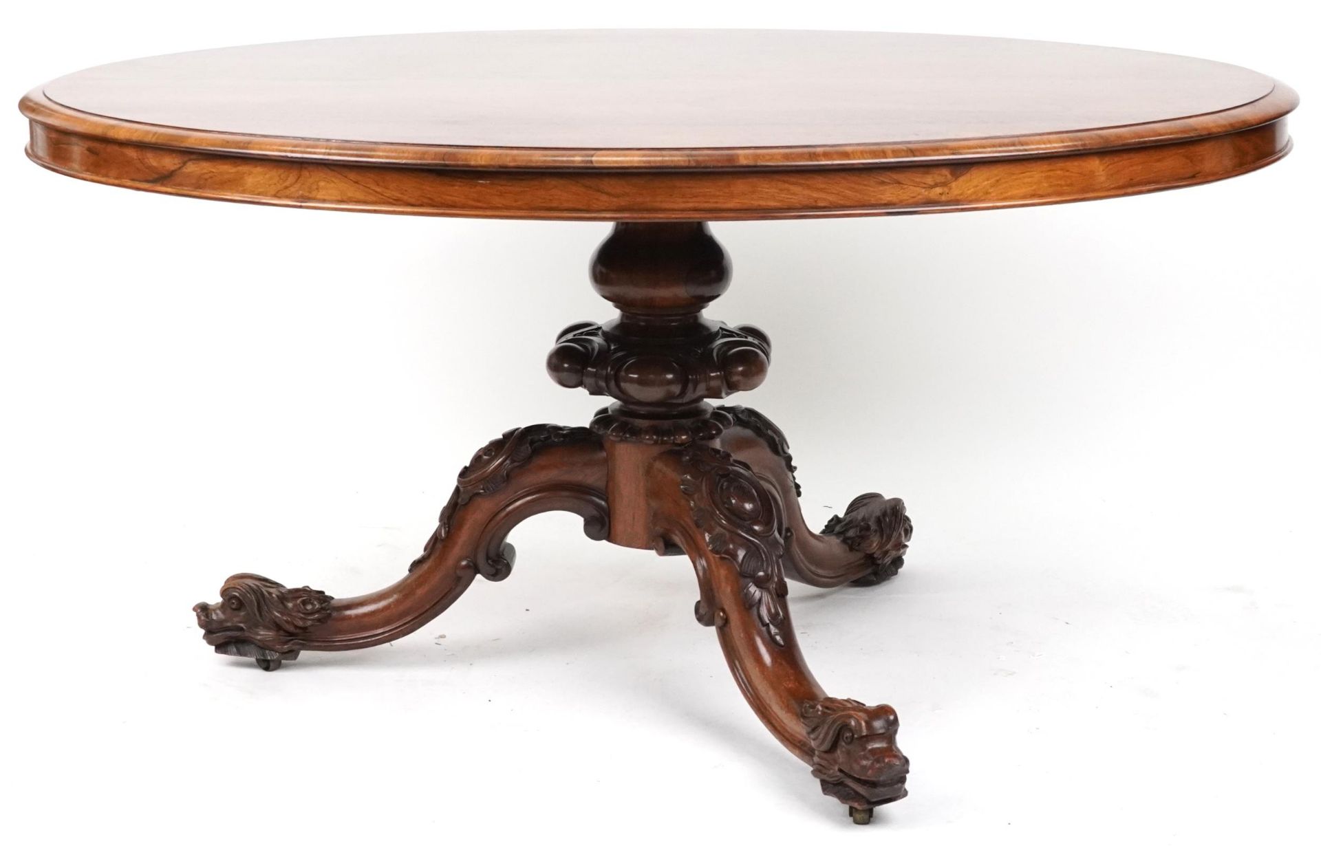 Victorian rosewood tilt top breakfast table with carved bulbous column on lion mask feet, 74cm H x - Image 5 of 6