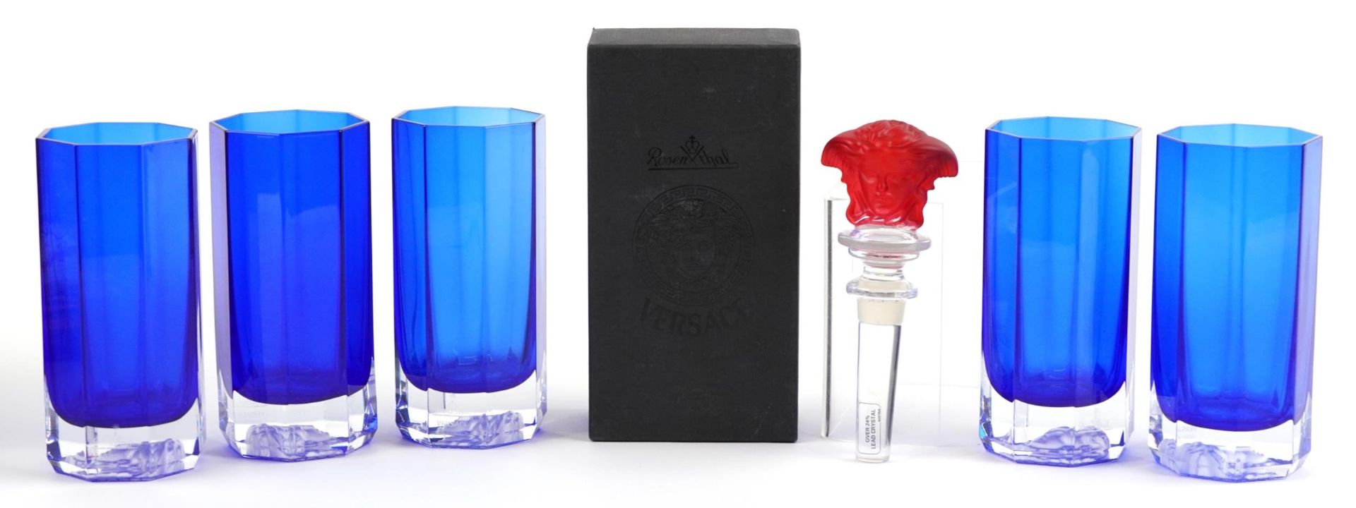 Versace bottle stopper with box by Rosenthal and five Versace Medusa drinking glasses, each glass