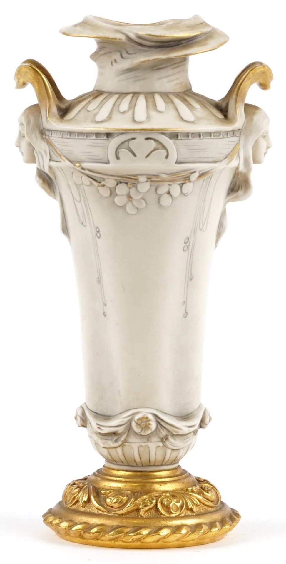 Manner of Royal Vienna, European Art Nouveau porcelain vase with gilt metal base and twin maiden - Image 2 of 4