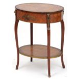 French Louis XV style oval inlaid kingwood side table with gilt metal mounts, frieze drawer and