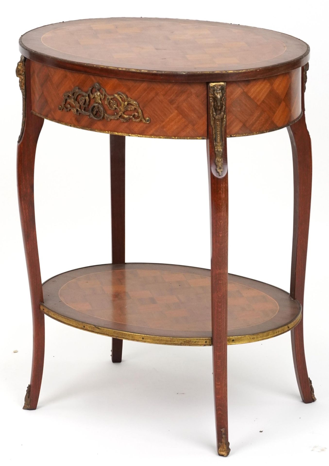 French Louis XV style oval inlaid kingwood side table with gilt metal mounts, frieze drawer and