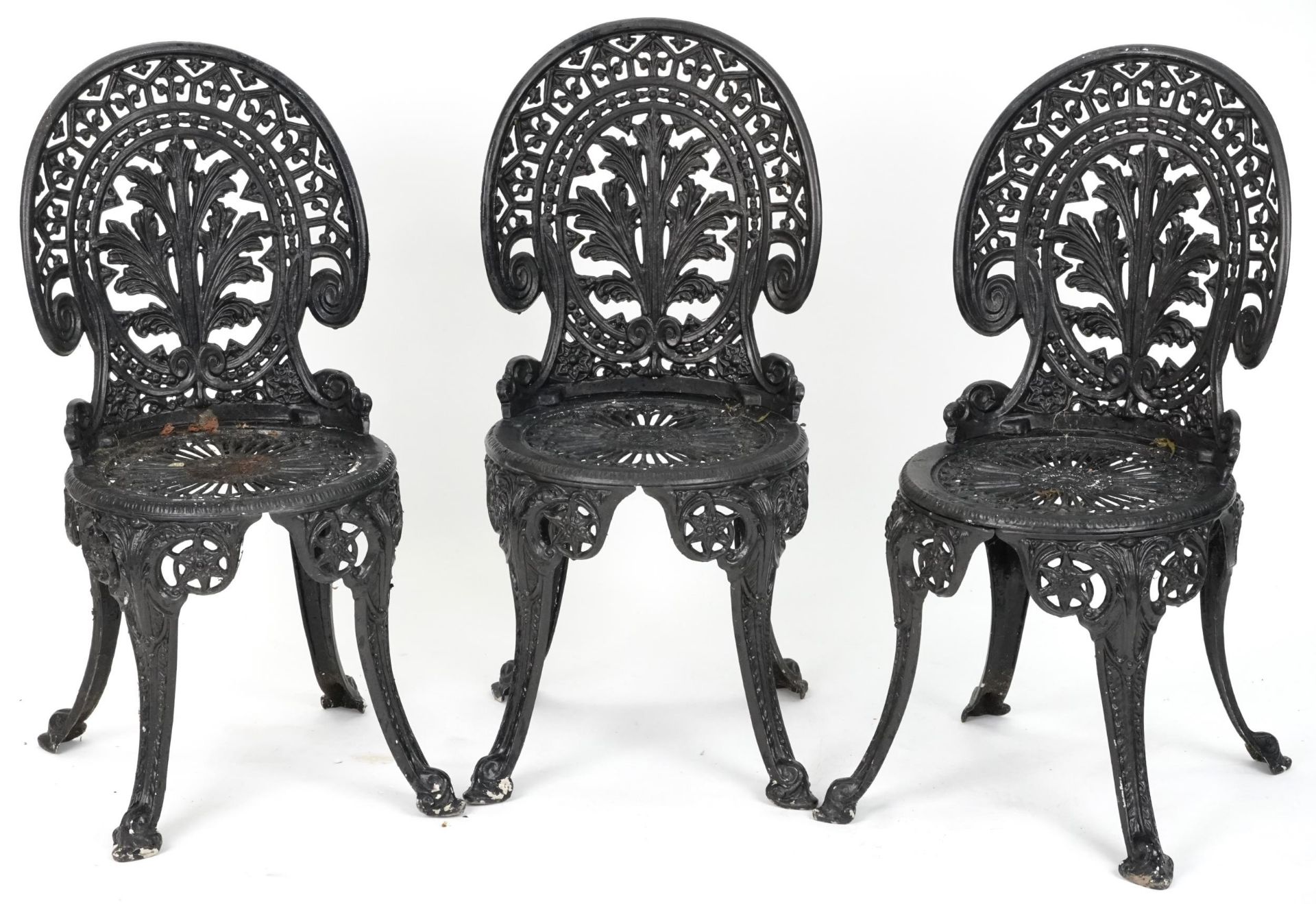 Black painted cast metal circular garden table with three chairs, 70.5cm high x 69cm in diameter : - Image 2 of 7