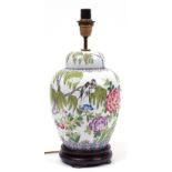 Chinese porcelain jar and cover table lamp on hardwood stand hand painted in the famille verte