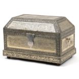 Large Indian white metal table casket with mirrored hinged lid and carrying handles impressed with