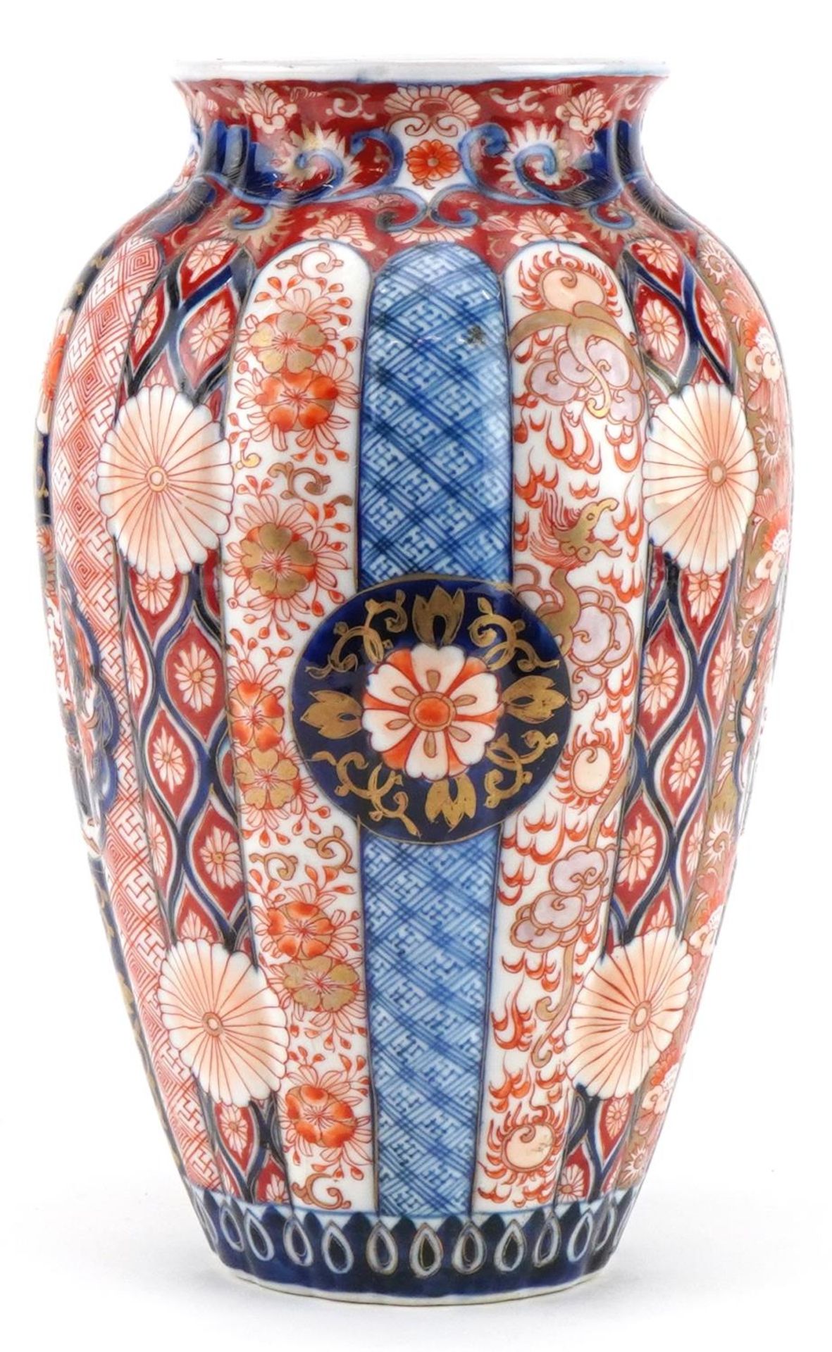 Japanese Imari porcelain fluted vase hand painted with flowers and stylised roundels enclosing - Image 2 of 7