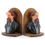 Pair of oak and hand painted plaster figural bookends, each 19cm high : For further information on