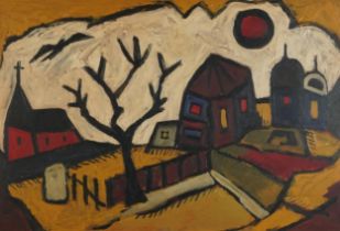 Abstract composition, town scene, Impressionist oil on board, mounted and framed, 71cm x 48cm