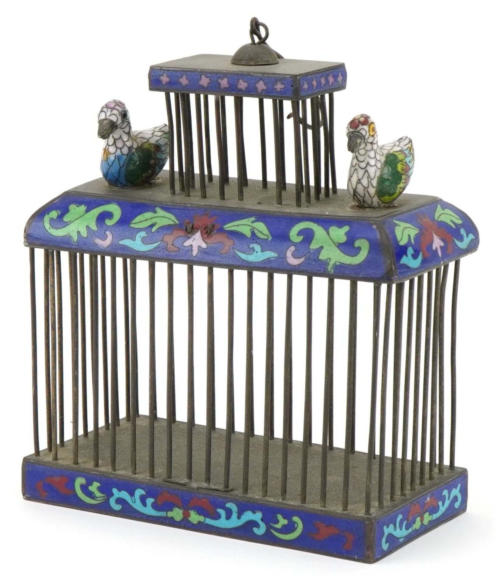 Chinese white metal and cloisonne cricket cage surmounted with two ducks, 18cm H x 15cm W x 7.5cm