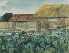 Robert Taverner - Farm buildings with flowers, heightened watercolour, mounted, framed and glazed,