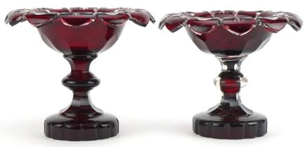 Pair of Bohemian ruby flashed cut glass pedestal bonbon dishes, each 14cm high x 16.5cm in