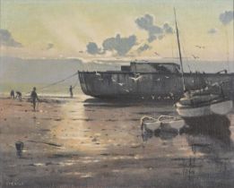 David Cheadle - Flotsam of war, signed oil on board, inscribed verso, mounted and framed, 49.5cm x