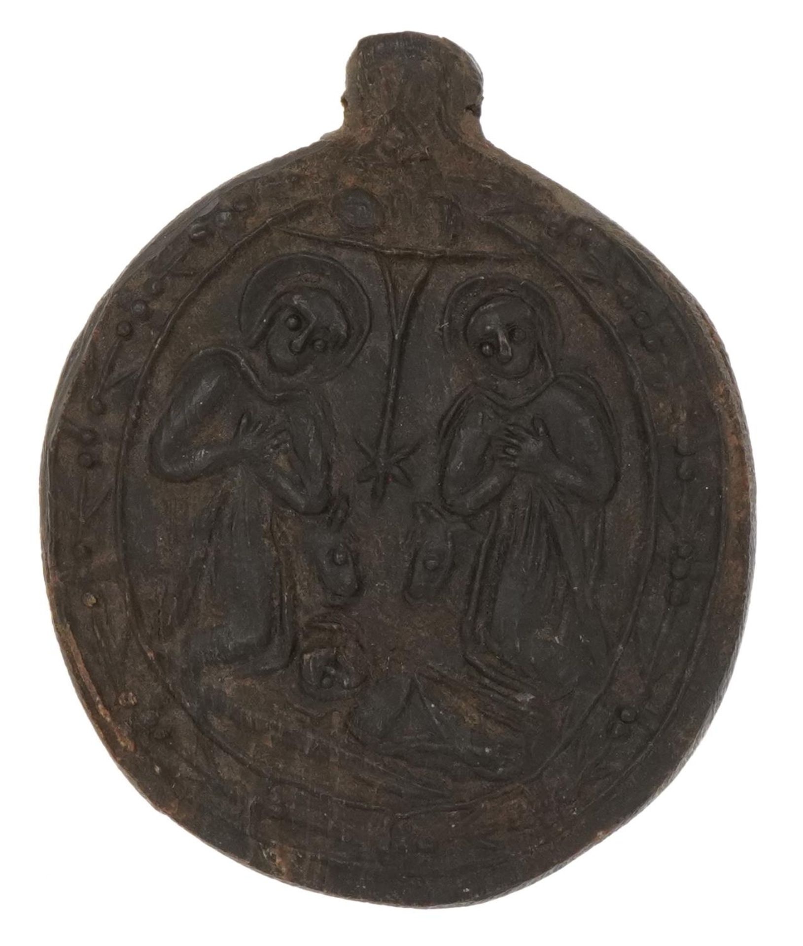 Antique Ottoman Greek horn medallion carved with The Virgin and Child and saints, 5cm high : For - Image 2 of 2