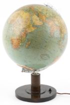 Art Deco Geographia Columbus table globe with silvered arch on circular walnut base, 49.5cm high :