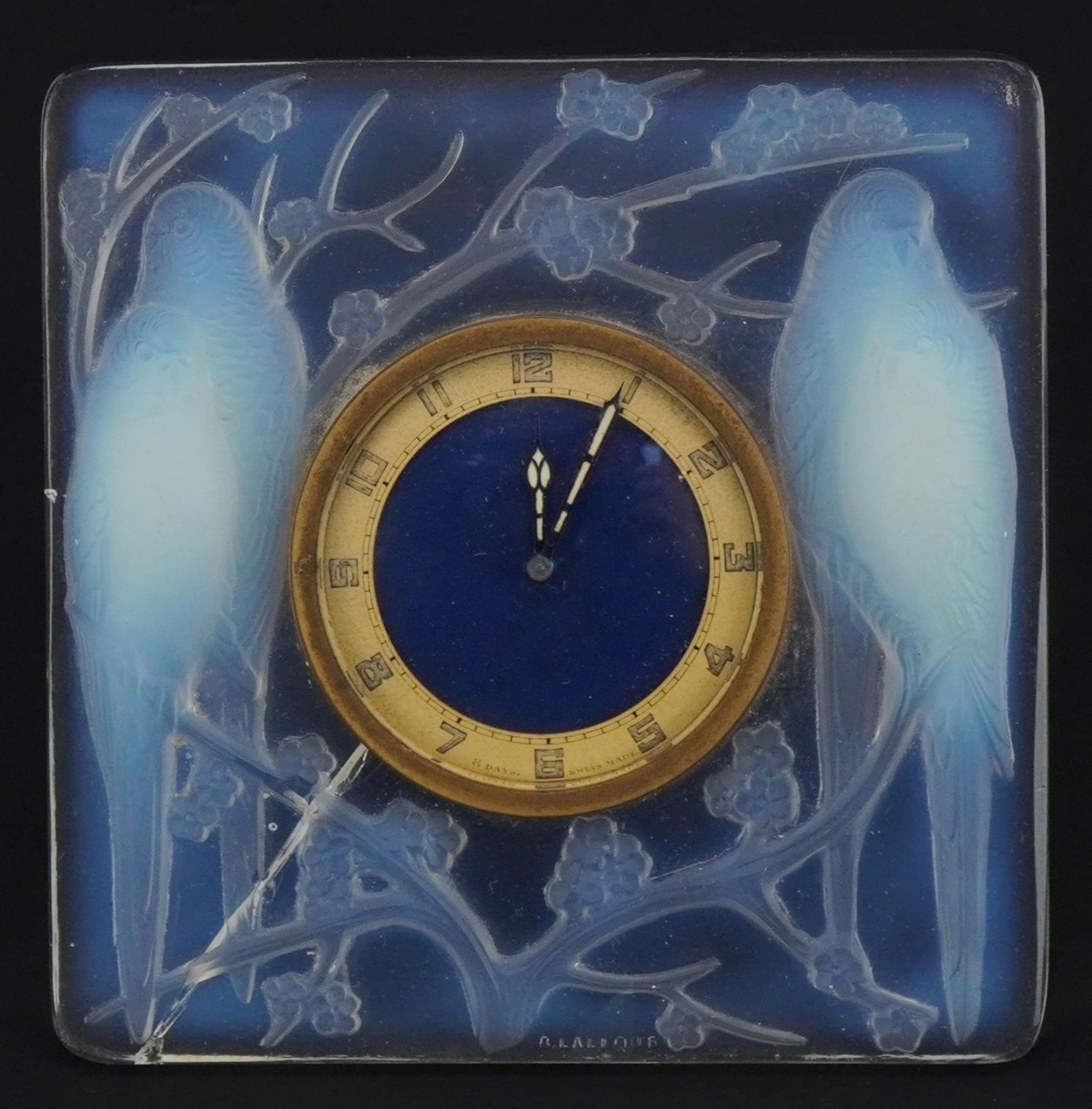 Rene Lalique, French Art Deco opalescent Inseparables eight day strut clock with circular dial - Bild 2 aus 6