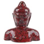 Red glass mosaic fibreglass bust of a Buddha, 43cm high : For further information on this lot please