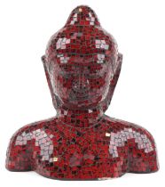 Red glass mosaic fibreglass bust of a Buddha, 43cm high : For further information on this lot please