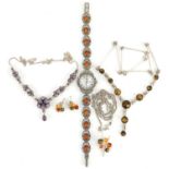 Silver jewellery comprising three amber necklaces, amethyst necklace and marcasite and amber