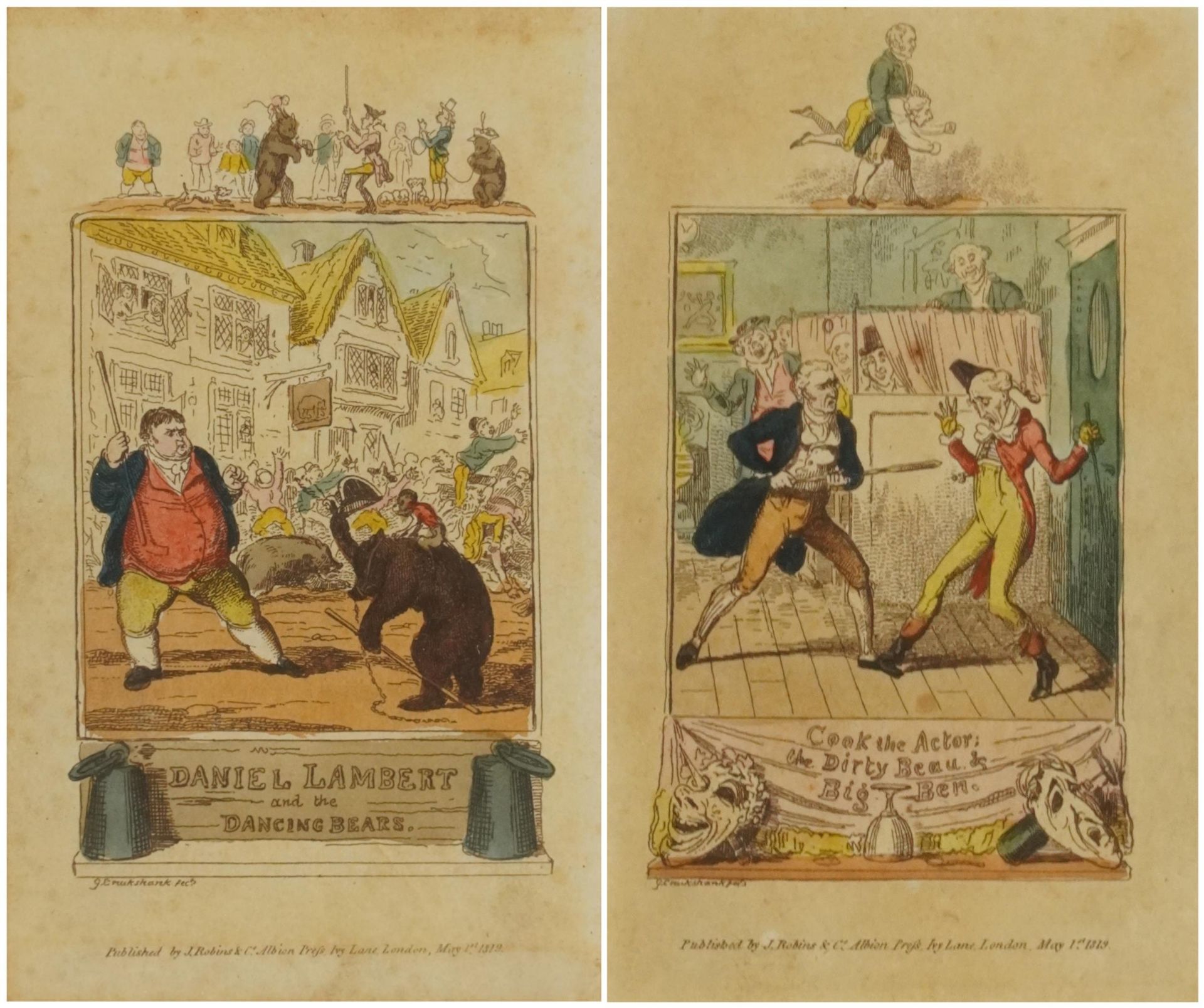 After G Cruikshank - Daniel Lambert and the Dancing Bears and Cook the Actor, pair of early 19th