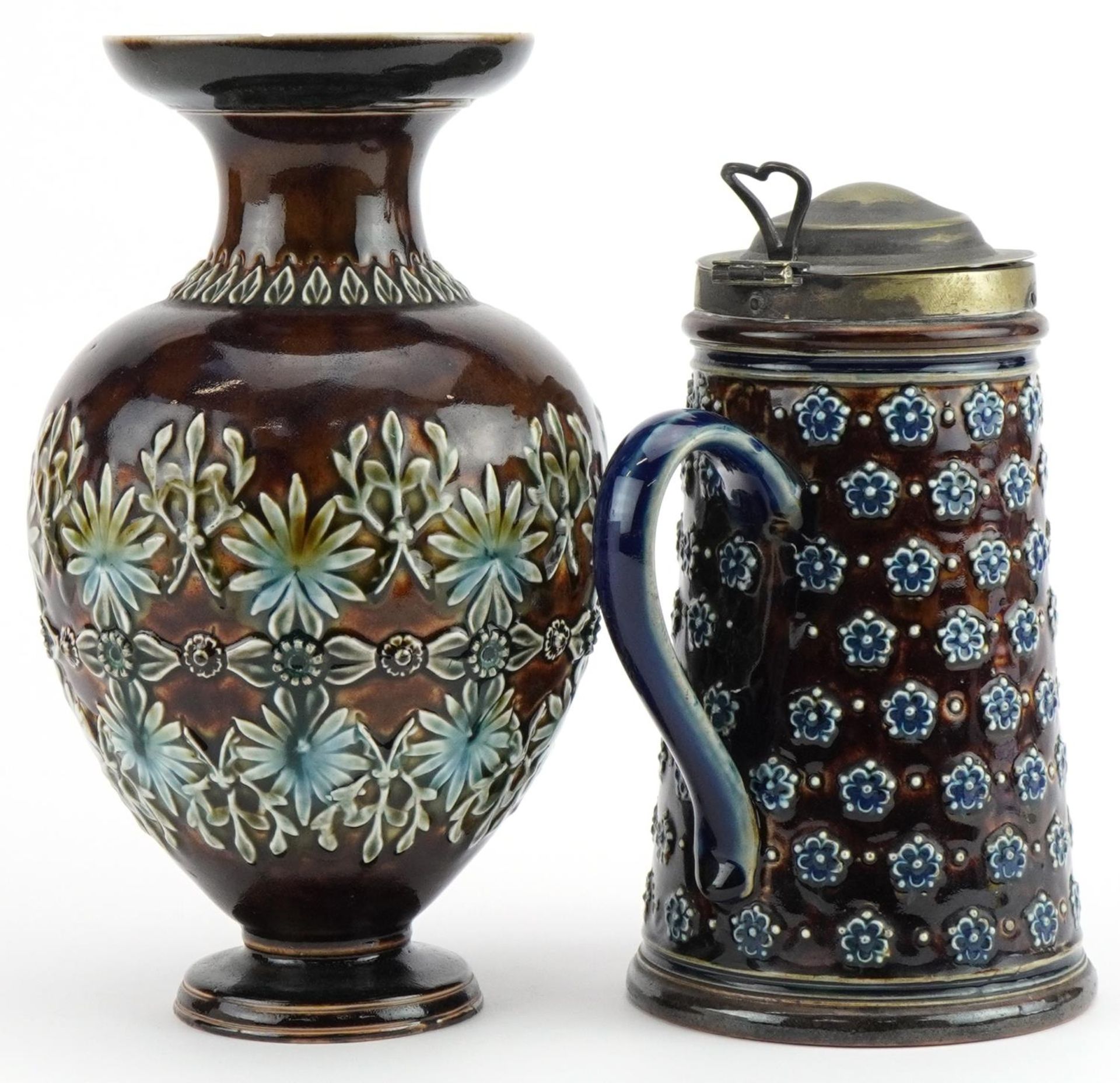 Doulton Lambeth, Art Nouveau Royal Doulton stoneware vase and jug with silver plated mounts, the - Image 2 of 4