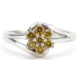 9ct white gold yellow diamond flower head ring, size N, 2.5g : For further information on this lot