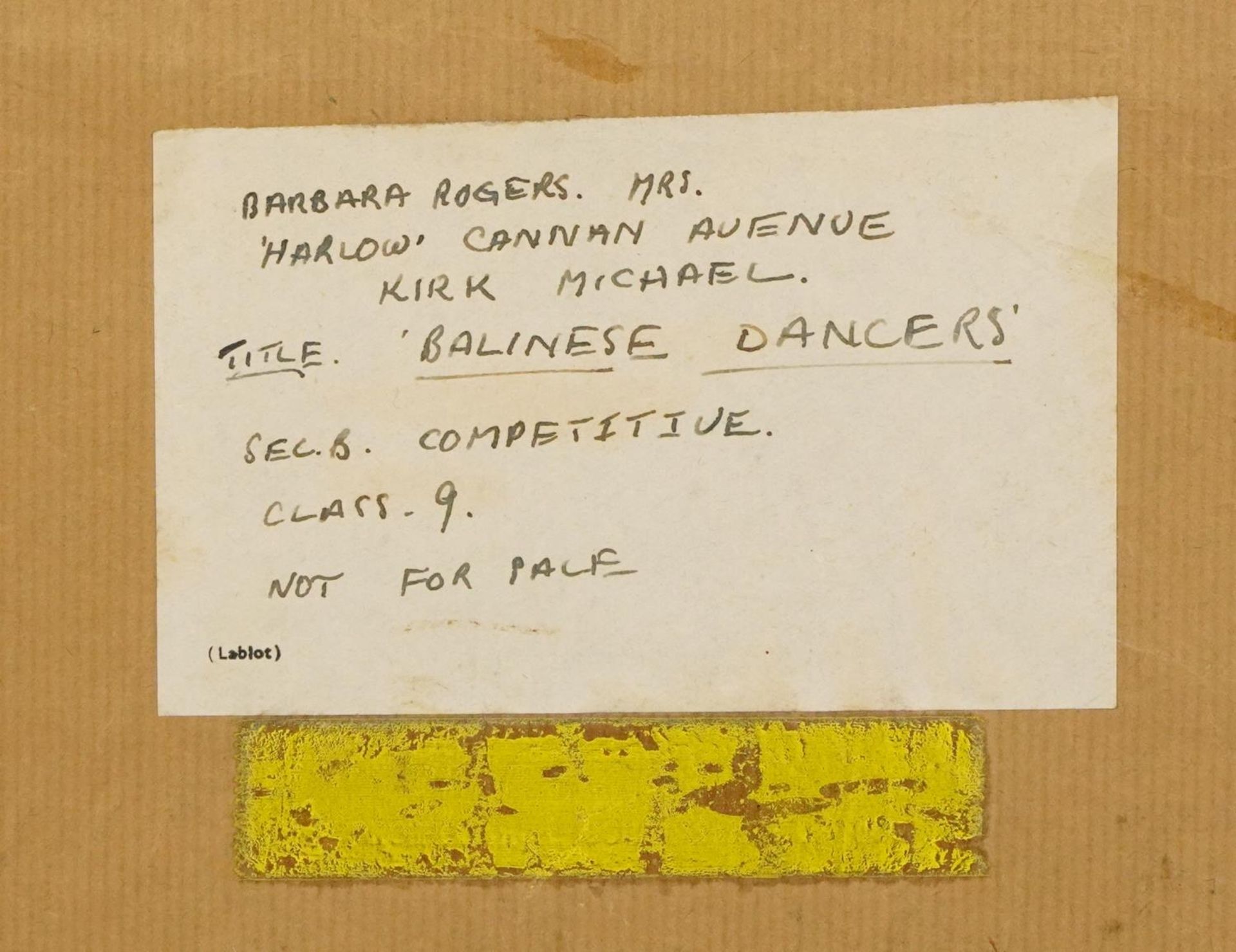 Barbara Rogers - Balinese dancers, watercolour on card, inscribed label verso, mounted and framed, - Image 5 of 5