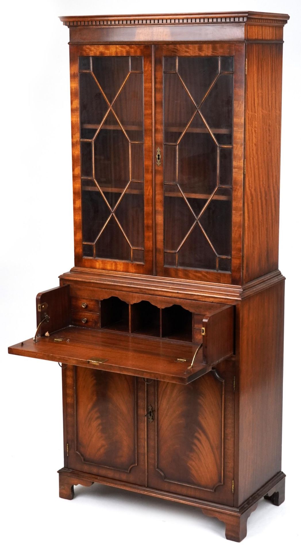 Georgian style mahogany secretaire bookcase with astral glazed doors above a fall enclosing
