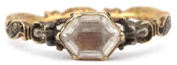 George III unmarked gold clear stone and black enamel mourning ring inscribed ABT Martin OB 15 Nov