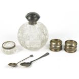 Edwardian and later silver objects including a large globular cut glass scent bottle with silver
