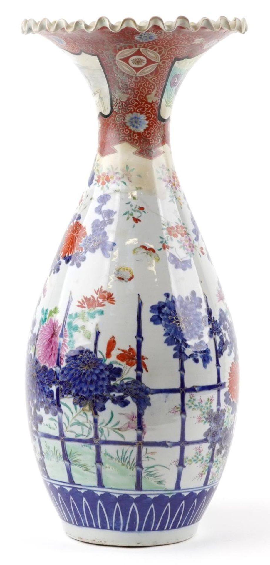 Japanese Arita porcelain vase with frilled rim hand painted with flowers, 55cm high : For further - Image 4 of 10