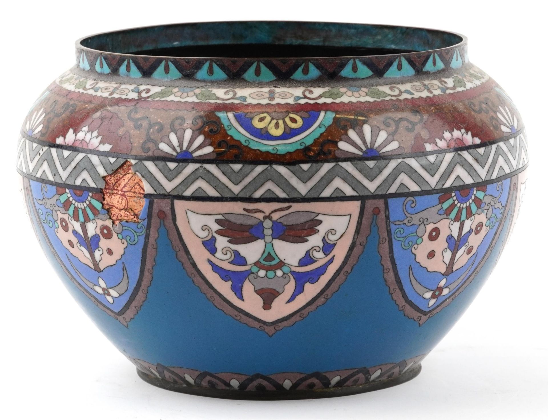 Japanese cloisonne jardiniere hand painted with panels of stylised butterflies and flowers, 29cm - Bild 3 aus 6