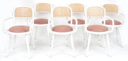 Set of six Italian bentwood bistro chairs with cane backs and salmon upholstered cushioned seats,