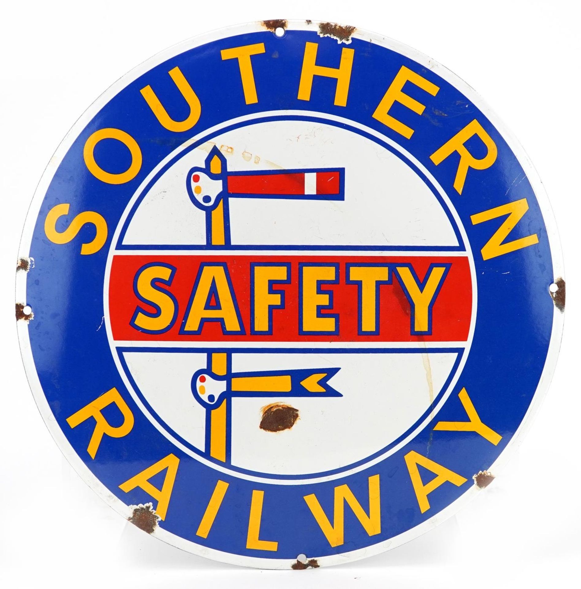 Circular Southern Railway Safety enamel advertising sign, 36cm in diameter : For further information