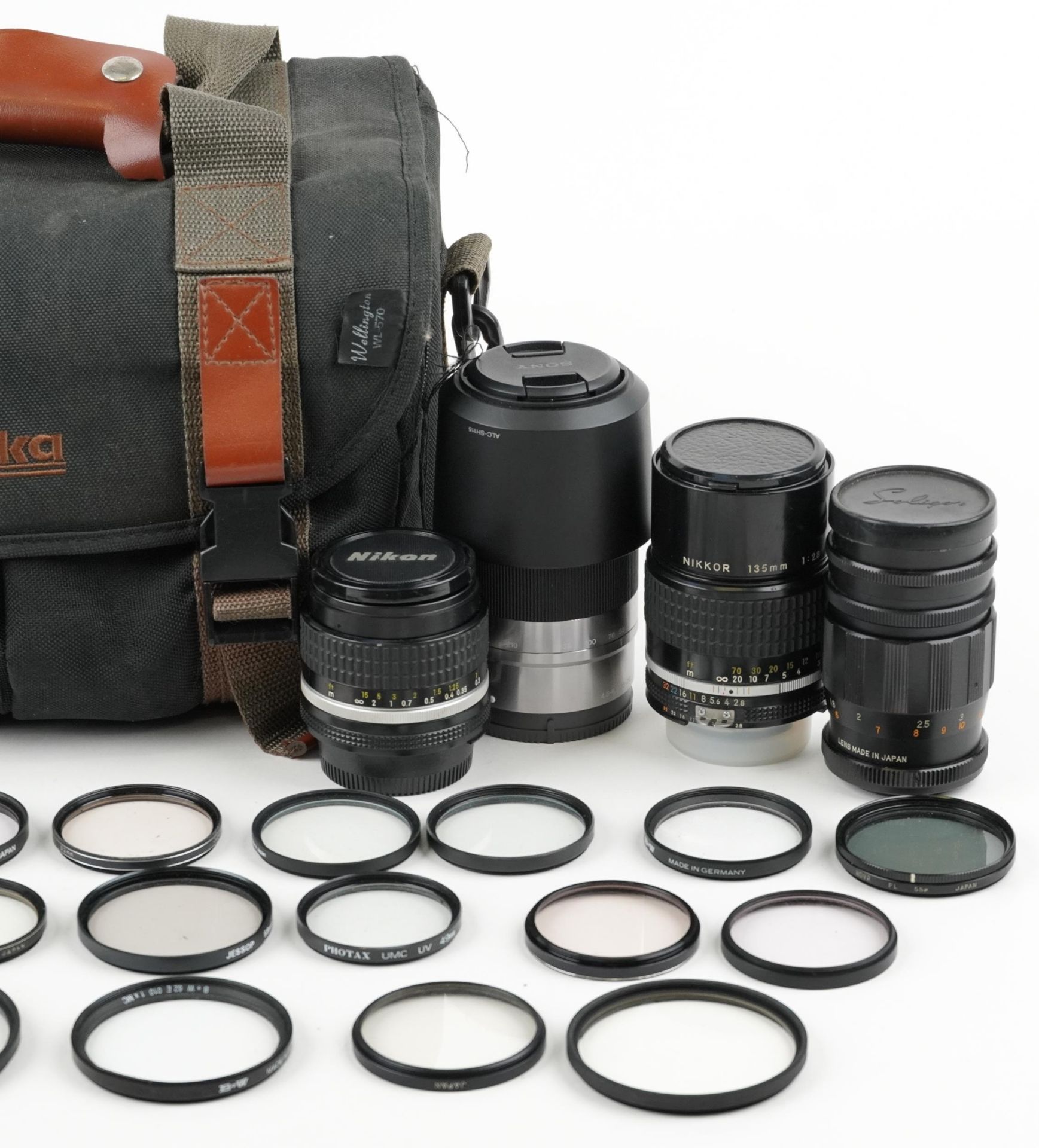 Camera lenses including Nikon 55mm F/2.8AIS, Nikon 28mm F/2.8AIS, Nikon 135mm F/2.8AIS and Sony 55- - Image 3 of 3
