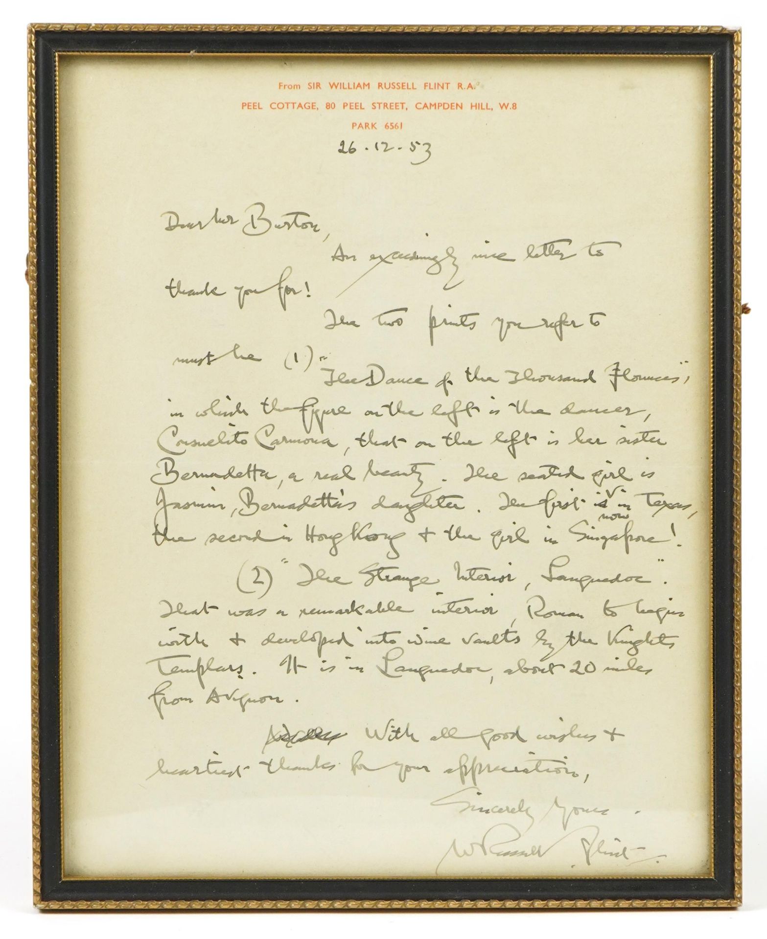 Sir William Russell Flint, ink written letter on William Russell Flint, Peel Cottage headed paper, - Bild 2 aus 3