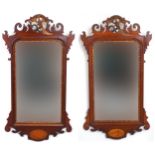 Pair of George III style mahogany pier mirrors with shell inlay and bird carvings, 91.5cm x 51cm :