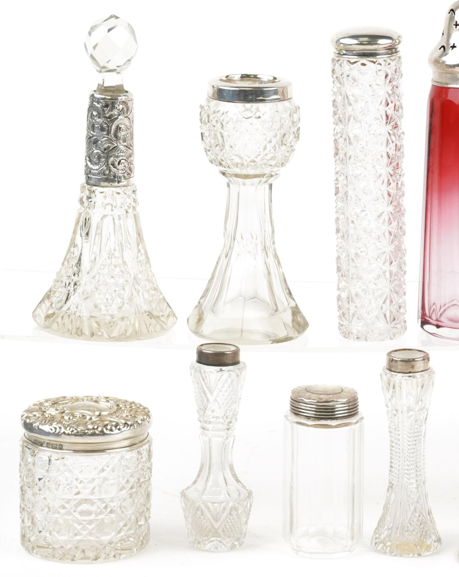 Victorian and later silver mounted glassware including cranberry glass casters, scent bottles and - Bild 2 aus 4