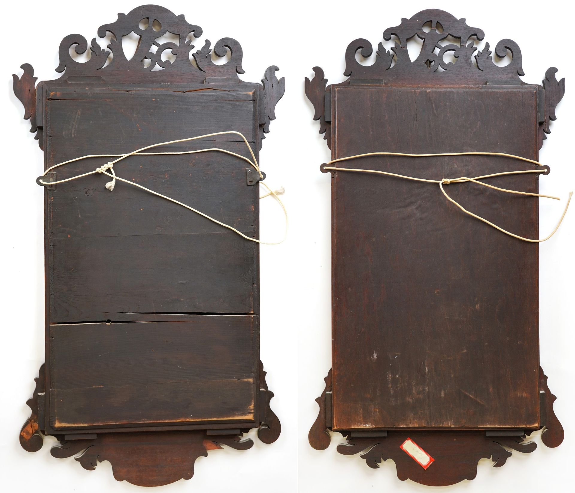 Pair of George III style mahogany pier mirrors with shell inlay and bird carvings, 91.5cm x 51cm : - Image 2 of 8