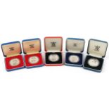 Five commemorative silver crowns with cases including commemorating Queen Elizabeth II 70th Birthday