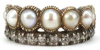 Antique unmarked gold diamond and graduated cultured pearl half eternity ring with cast floral band,