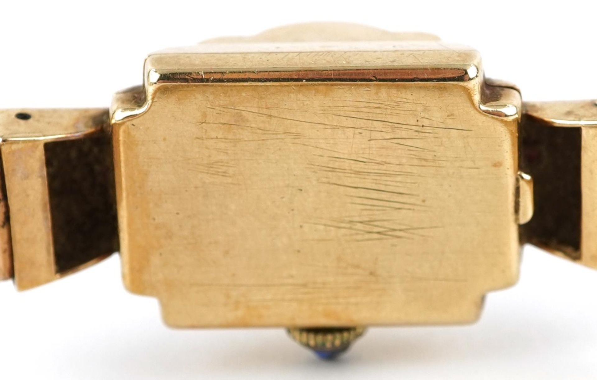 Ladies 9ct gold bracelet wristwatch set with a diamond, rubies and sapphire crown, the case 16mm - Bild 4 aus 9