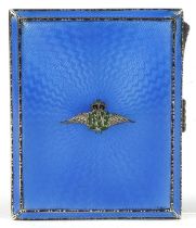 Military interest RAF silver and blue guilloche enamel cigarette case with gilt interior, indistinct