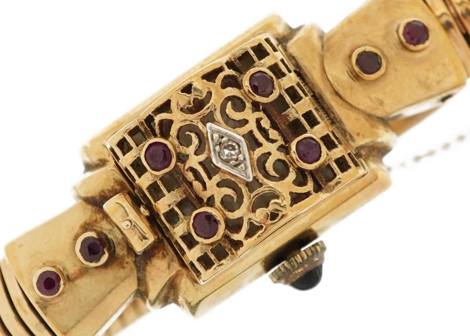Ladies 9ct gold bracelet wristwatch set with a diamond, rubies and sapphire crown, the case 16mm - Bild 3 aus 9