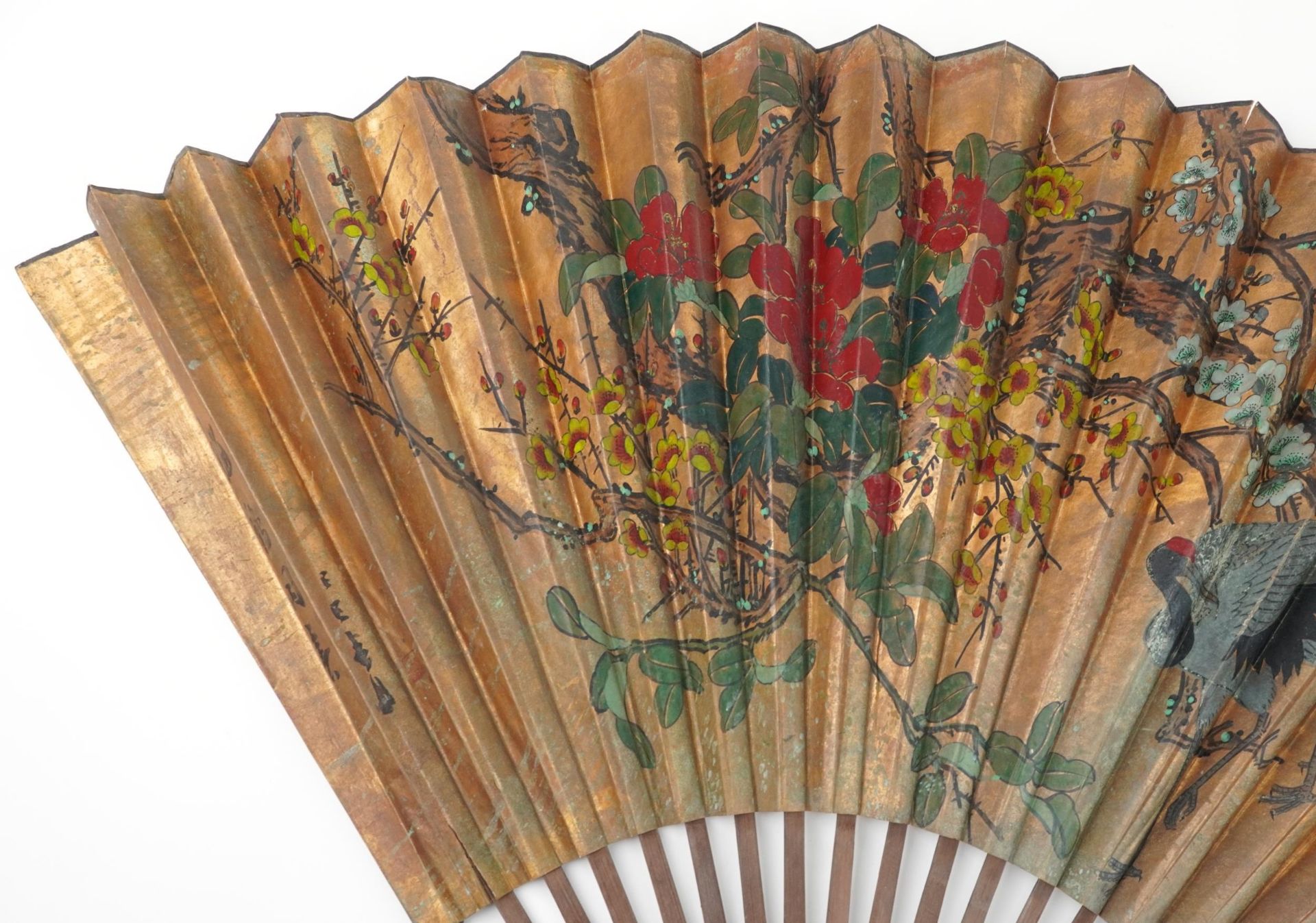 Large Chinese brisee fan hand painted with flowers, 89cm in length : For further information on this - Bild 2 aus 5