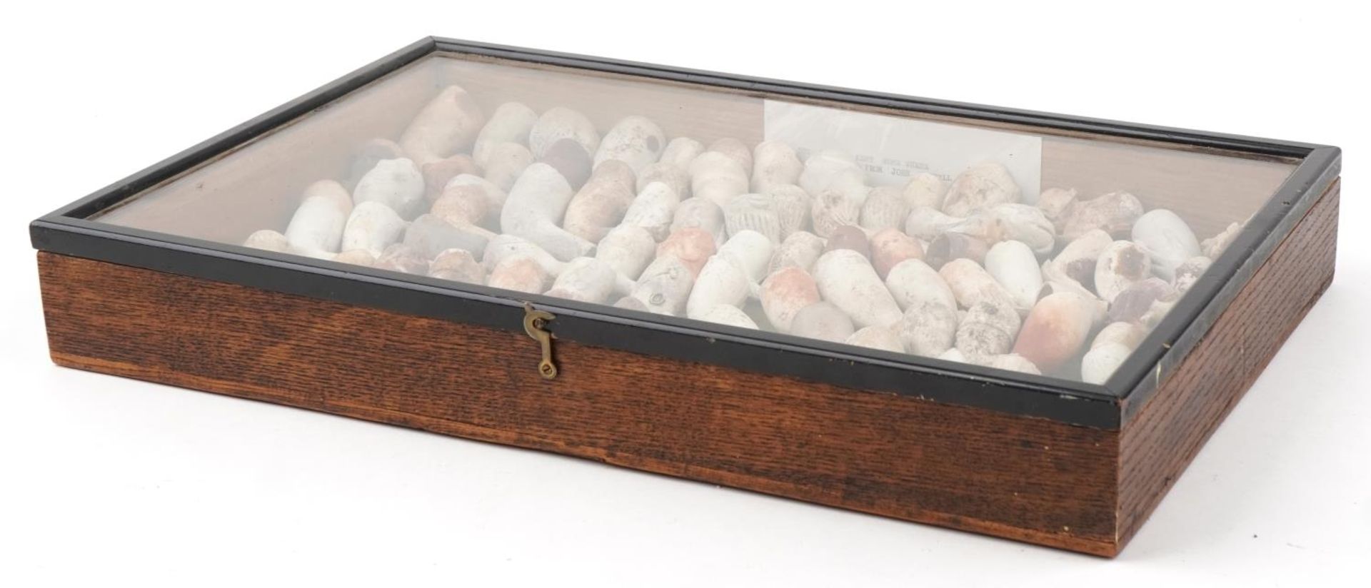 Large collection of antique clay tobacco smoking pipes and bowls arranged in a glazed display case - Bild 5 aus 5