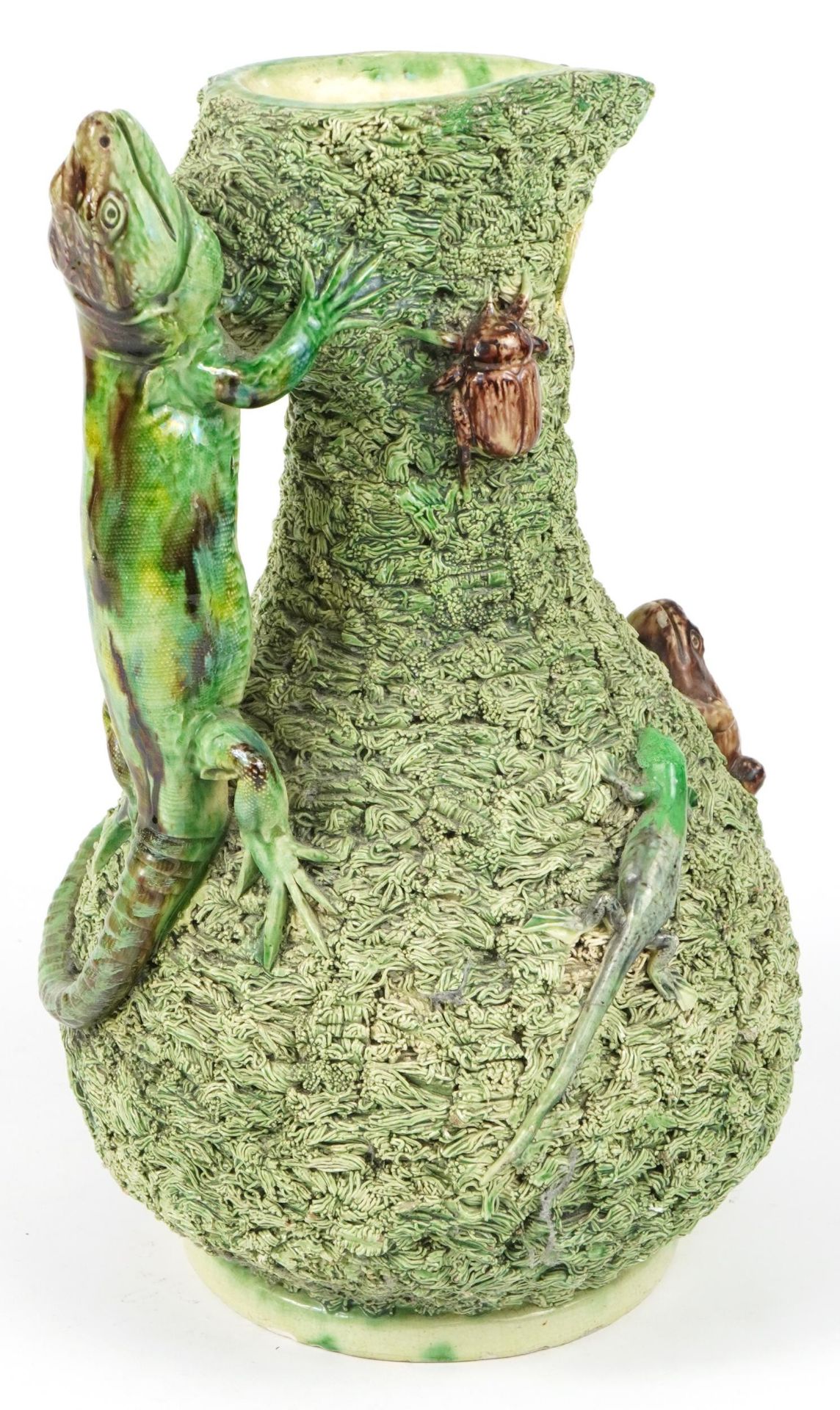 Manuel Mafra, 19th century Portuguese Palissy ware Maiolica ewer on stand with lizard handle - Image 4 of 7