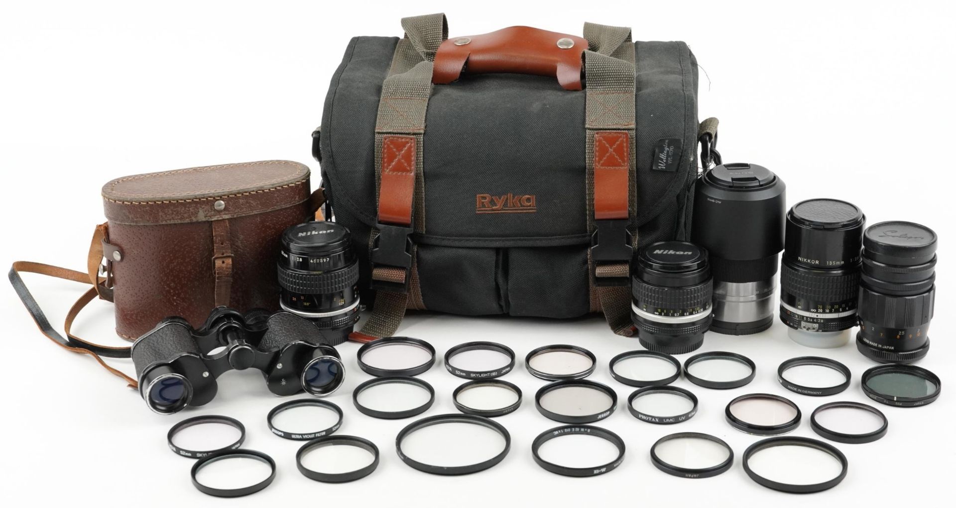 Camera lenses including Nikon 55mm F/2.8AIS, Nikon 28mm F/2.8AIS, Nikon 135mm F/2.8AIS and Sony 55-