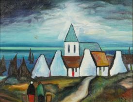 Manner of Markey Robinson - Figures before cottages and water with boats, Irish school oil on canvas