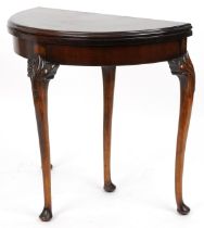 Georgian style mahogany demi lune card table with baize lined interior on cabriole legs, 74cm H x